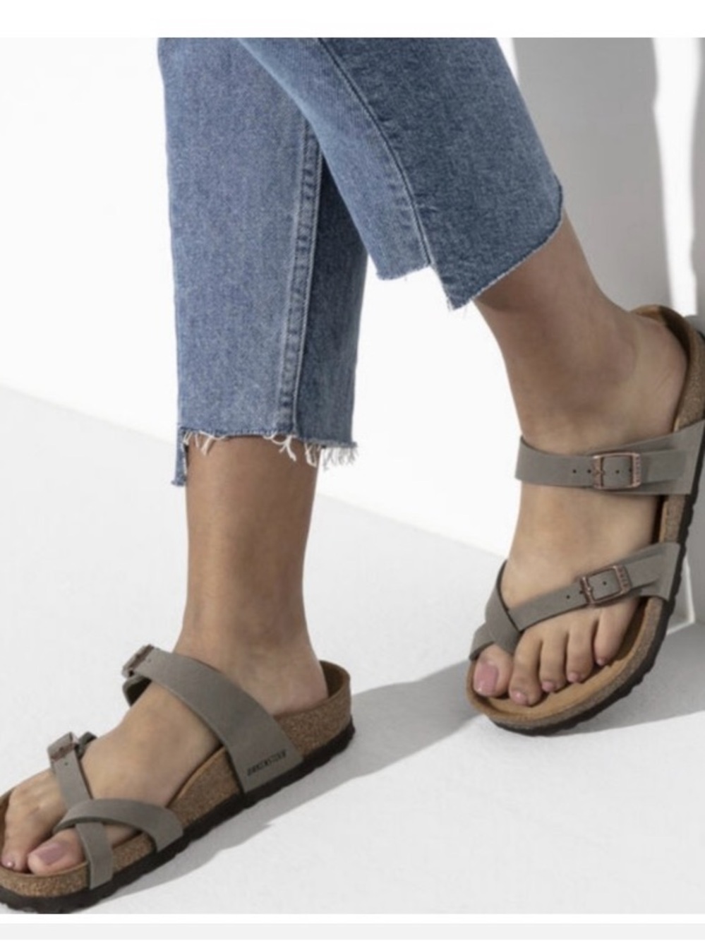 Like New! Birkenstock Taupe Miyari Two-Strap Cork Footbed Sandals